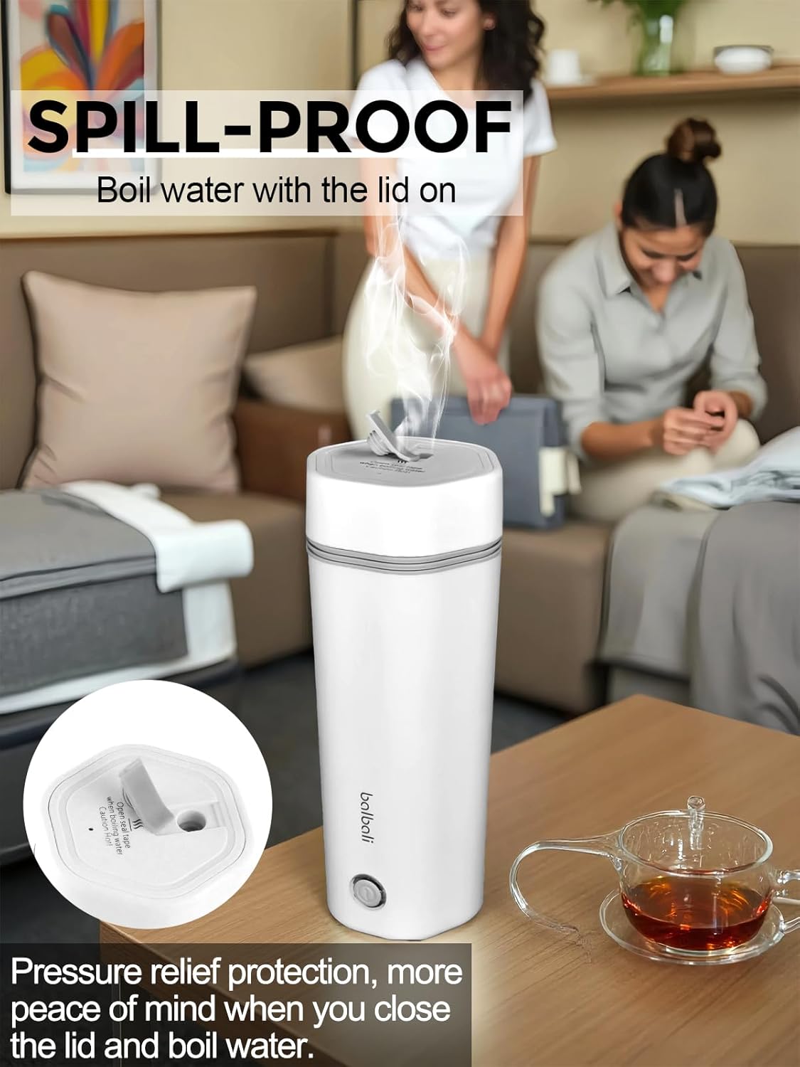 balbali Travel Kettle - 12oz Portable Electric Kettle for Boiling Water - Self Heating Cup/Thermos - Single Size Personal Tea Maker -Hot Water Boiler/Heater/Warmer - White