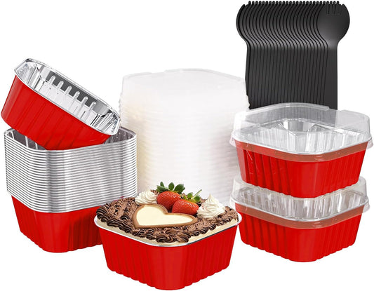 25 Pack Square Mini Cake Pans with Lids,Mini Loaf Pans with Lids,Aluminum Foil Baking Cups,Disposable Ramekins Cupcake Cups,Dessert Cups for Wedding Birthday Party Picnics,5oz (Red)