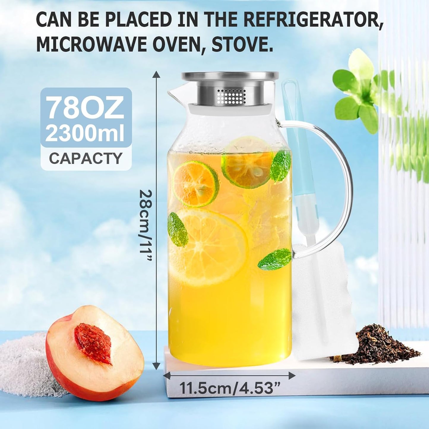 Yirilan Glass Pitcher, 2.3 Liter Water Pitcher with Lid, Beverage Pitchers for Hot, Cold Water, Iced Tea and Juice Drink with Cup Brush