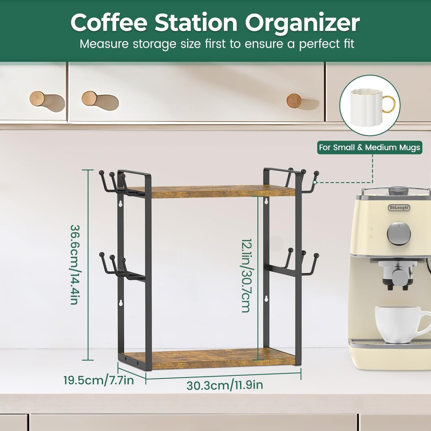 EsLuker.ly 2 Tier Coffee Mug Holder Station Bar Organize Countertop, Mug Cup Tree Rack for Kitchen Office, Storage Shelf with 12 Hooks, Creat Stylish Coffee Corner, Vintage Brown-Black