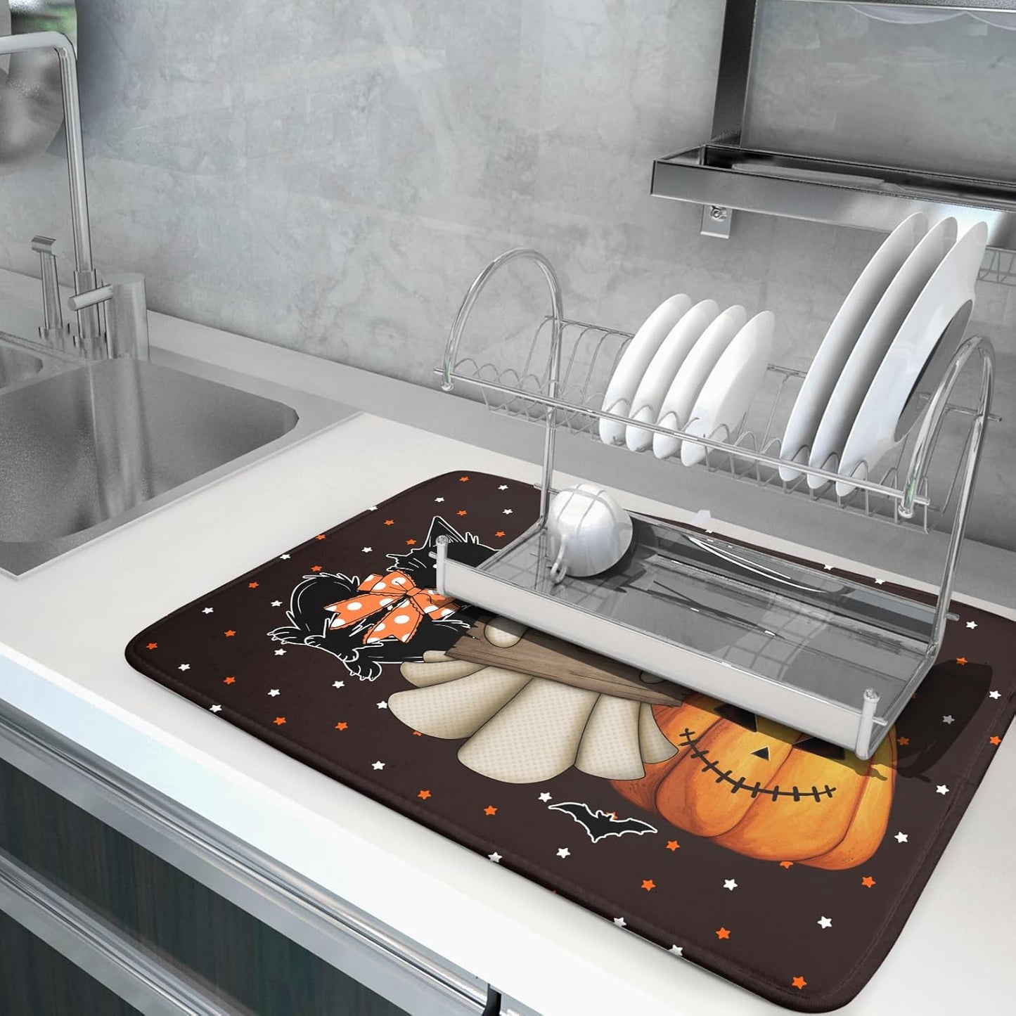 Giwawa 18"x24" Halloween Dish Drying Mat Spooky Pumpkin Ghost Black Cat Bats Kitchen Drainer Mats Holiday Gothic Reversible Microfiber Dish Drying Pad Large Size for Countertop Tabletop Decor