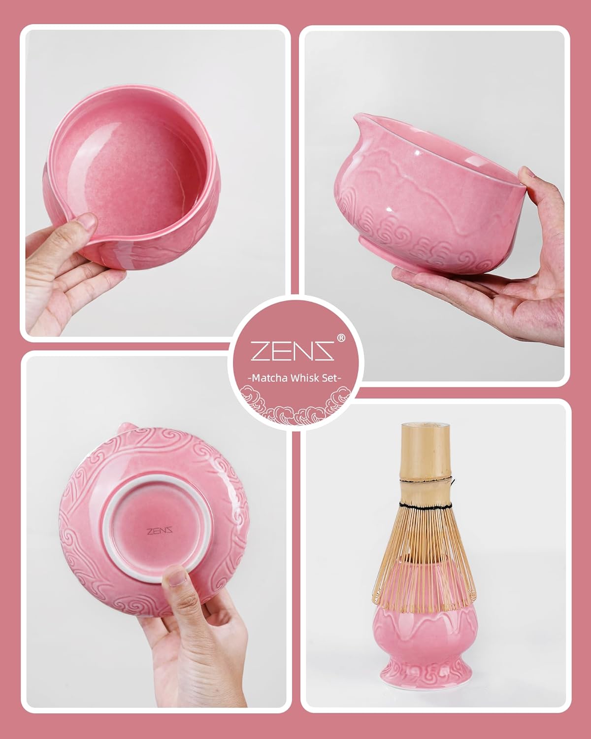ZENS Matcha Whisk Set, 6pcs Matcha Set Pink Includes 15oz Ceramic Bowl and Bamboo Whisk (Chasen Holder) Scoop, 304 Sifter & Pink Tea Mat, Japanesse Matcha Kit for Matcha Latte-Making