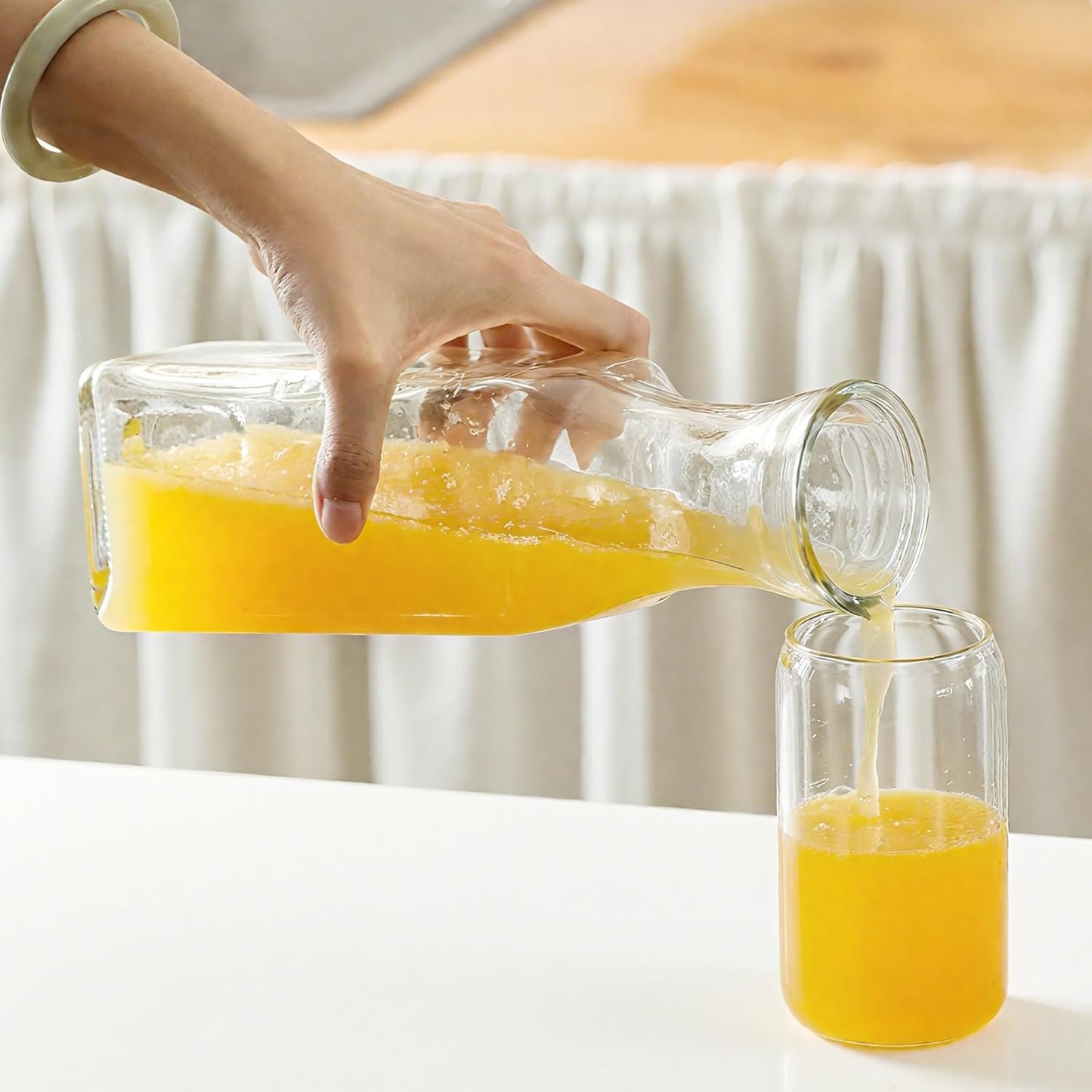 35 Oz Square Glass Carafe with Bamboo Lid, Beverage Dispensers,Mimosa Bar Supplies,Clear Glass Pitcher with Name Labels for Iced Tea,Coffee,Juice(Pack of 4)