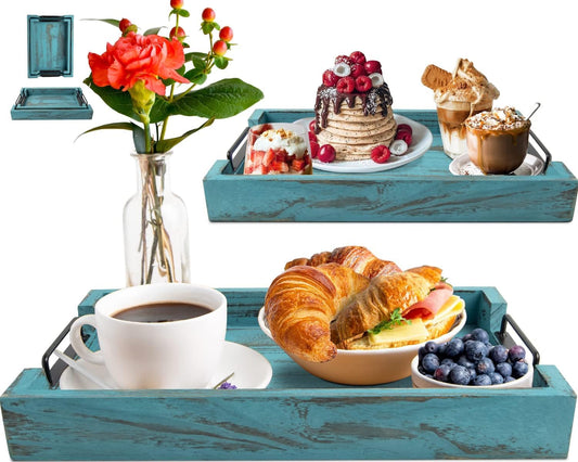 Rustic Wooden Serving Trays with Handle - Set of 2 - Large and Small, Nesting Multipurpose Trays - for Breakfast, Coffee Table/Butler & More - Rustic Blue