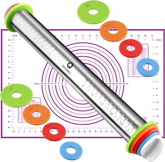 Rolling Pin and Pastry Baking Mat Set, Rolling Pins with Adjustable Thickness Rings, Stainless Steel Dough Roller for Baking Fondant, Pizza, Pie, Pastry, Pasta, Cookies (Purple)