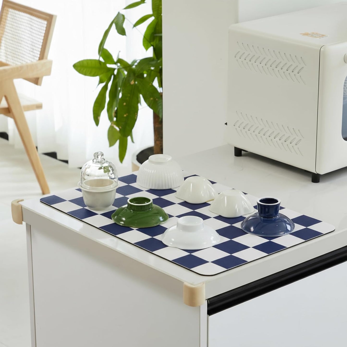 Checkered Dish Drying Mat for Kitchen Counter, Coffee Bar Station Accessories, Retro Cute Aesthetic Modern Absorbent Drainer Mat Kitchen Drying Mat Easy Clean (Navy Blue, 19" x 12")