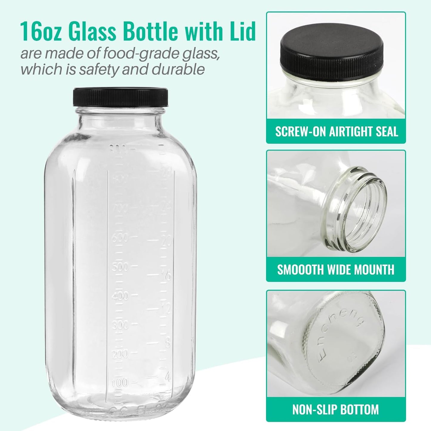 32 oz Glass Juice Bottles with Lids 2 Pack,Reusable Glass Drink Bottles,1000ml Water Drinking Jars for Milk,Juicing,Kombucha,Ginger,Beverage Glassware,Juice Drinking Jars
