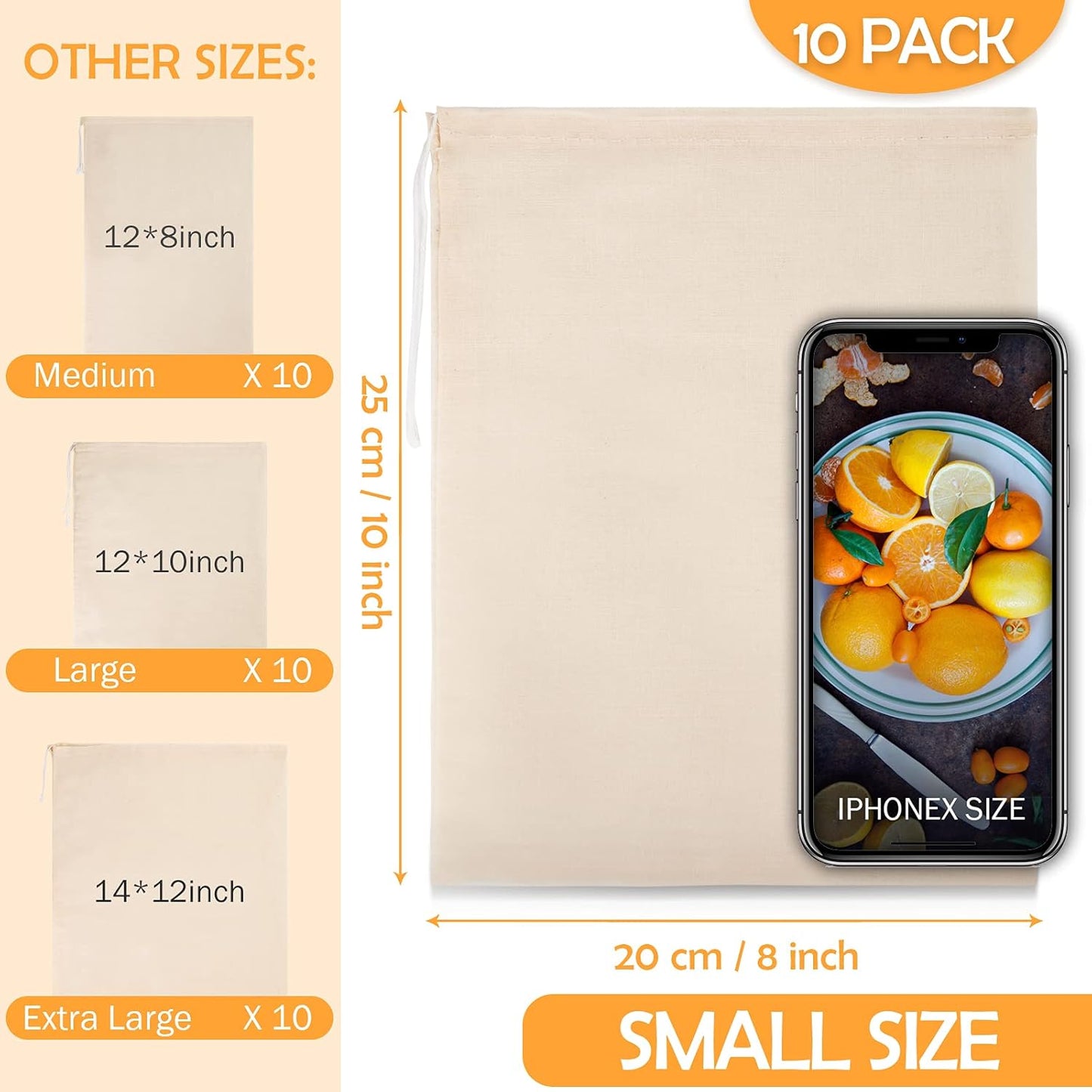 10 Pack Nut Milk Bag, 8‘’ x 10‘’Fine Mesh Grade Reusable Cheesecloth Bags Strainers, Unbleached Organic Cotton Filter Bags for Almond Milk, Juices, ColdBrew, Cheese, Tea, Yogurt, Coffee