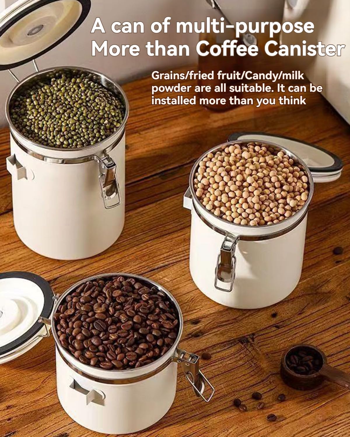 Coffee Canister, Stainless Steel Coffee Bean Storage Container with Date Tracker and Scoop, Kitchen Food Container for Grounds Coffee, Beans, Tea, Flour, Cereal, Sugar, 22OZ (1800ML | Beige)