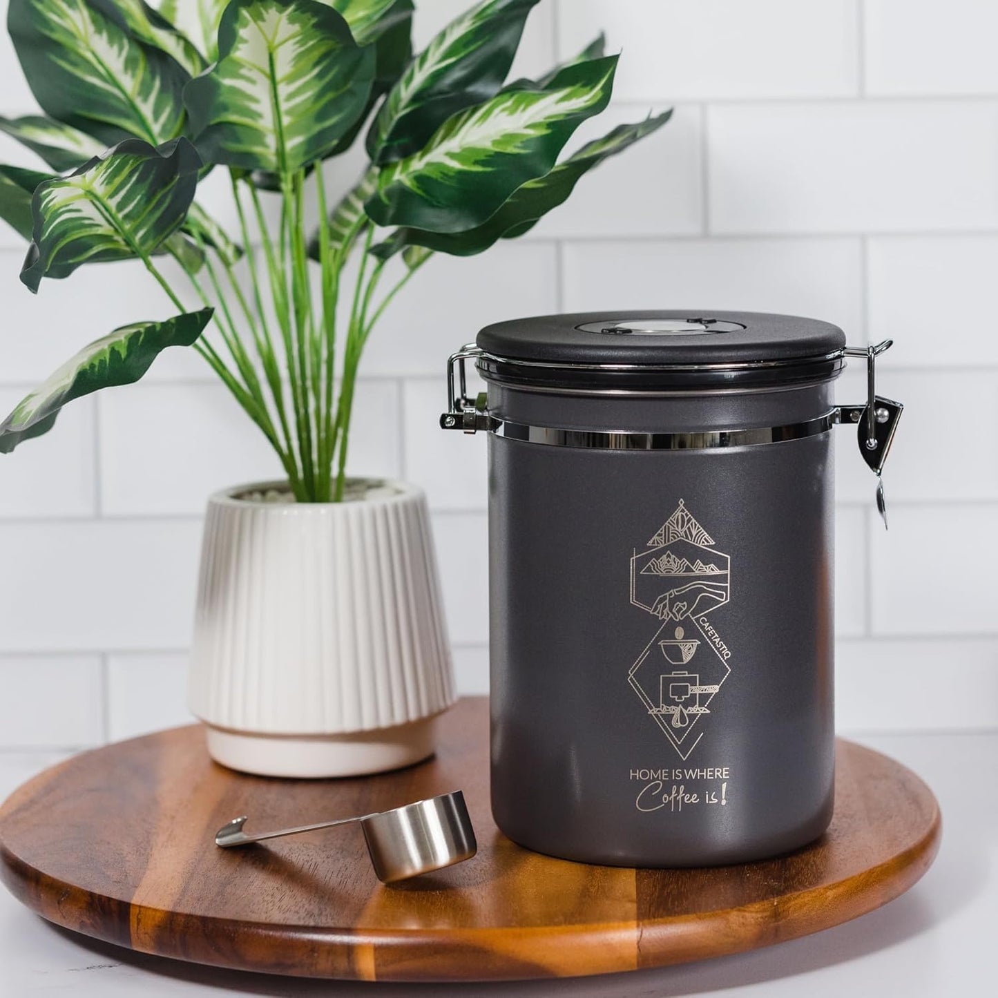 Coffee Canister – Airtight Stainless Steel Storage Container with Date Tracker & Scoop, Sealed Jar for Grounds, Beans, Tea, Flour, Cereal, and Sugar (Gray Home, 22OZ)