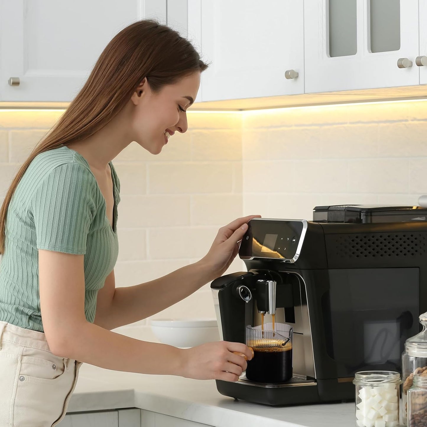Espresso Cups 3 OZ, Double V-Shaped Spouts Cups, Espresso Shot Glasses with Wood Handle, Ribbed Milk Measuring Cup