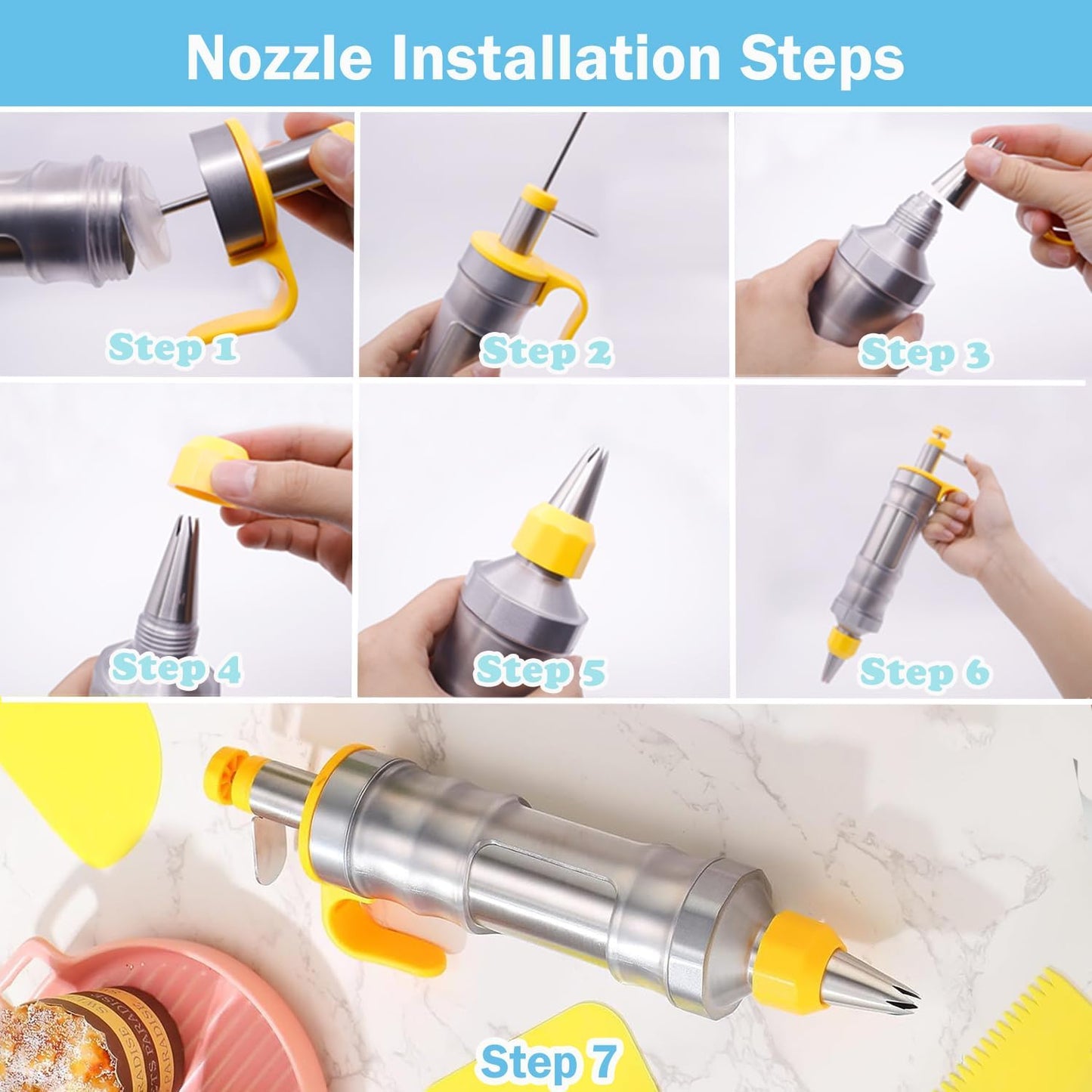 Hendiy Dessert Decorating Syringe Set, Stainless Steels Cake Decorating Tools Icing Piping Kit Icing Gun Cupcake Frosting Piping Kit, Cake Piping Kit with 6 Icing Nozzles and 9 Cupcake Liners