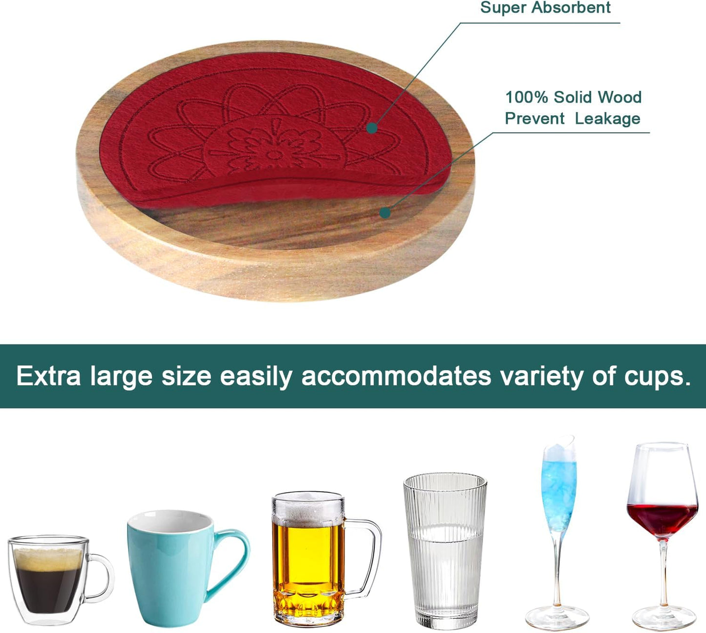 5 Pack Wood Coasters for Drinks, Minacun Absorbent Coaster Set, Drinks Coasters for Coffee Tabletop Protection, Non-Slip, Non-Stick, Suitable for Kinds of Cups Wooden Table Drink, 4.3 Inch Red