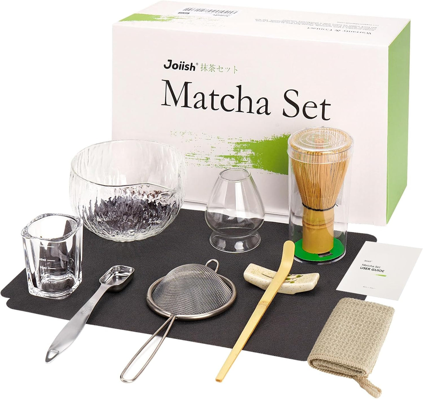 10-Pcs Matcha Kit Set, Whisk and Bowl with Spout & Measuring Spoon, Japanese Matcha Tea Making Tools, Transparent Textured Glass