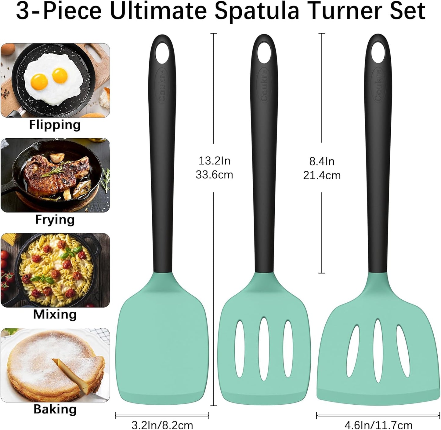 Coukre Silicone Spatula Set of 3, High Heat Resistant, BPA-Free, Kitchen Utensils, Fish Spatula, Solid & Slotted Turner for Non-Stick Pans, Flipping Eggs, Pancakes, Fish, Burgers (3, AquaGreen)