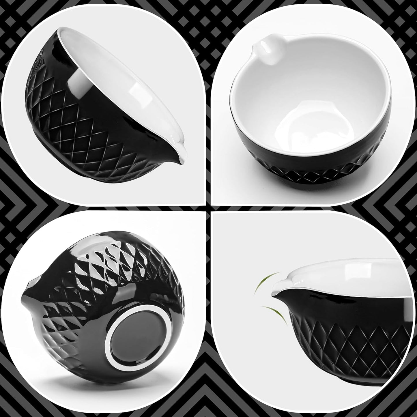 Matcha Whisk Set, 7 Pcs Matcha Kit, Ceramic Matcha Set Includes Matcha Bowl with Spout, Matcha Whisk and Holder, Bamboo Scoop, Scoop Rest, Sifter and Tea Towel (Onyx Black)