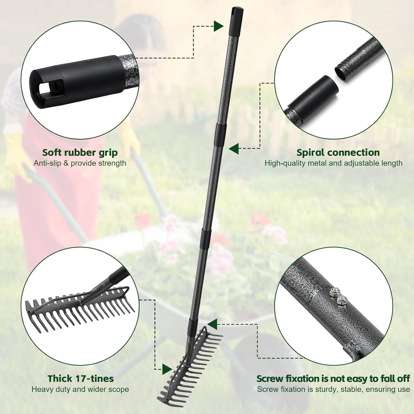 77'' Bow Rake ，17 Tines Metal Head Rakes with Stainless Steel Handle，Heavy Duty Garden Rake for Loosening Soil Gathering Leaf Leveling Lawn Farming Land Management Yarn Thatch Rake