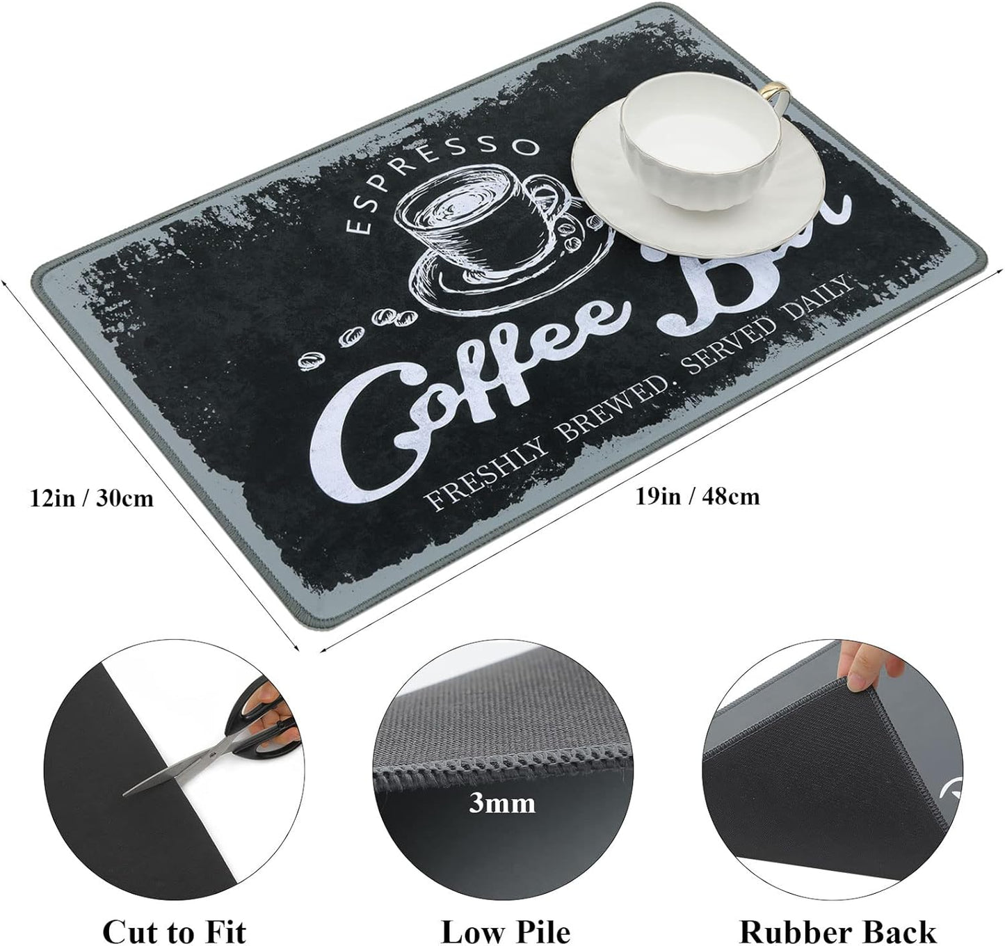 SHACOS Coffee Mat 2-Pack 12x19 Inch Absorbent Non Slip Coffee Maker Mats for Countertop Coffee Bar Accessories Dish Drying Mat Waterproof Heat Resistant, Vintage Black