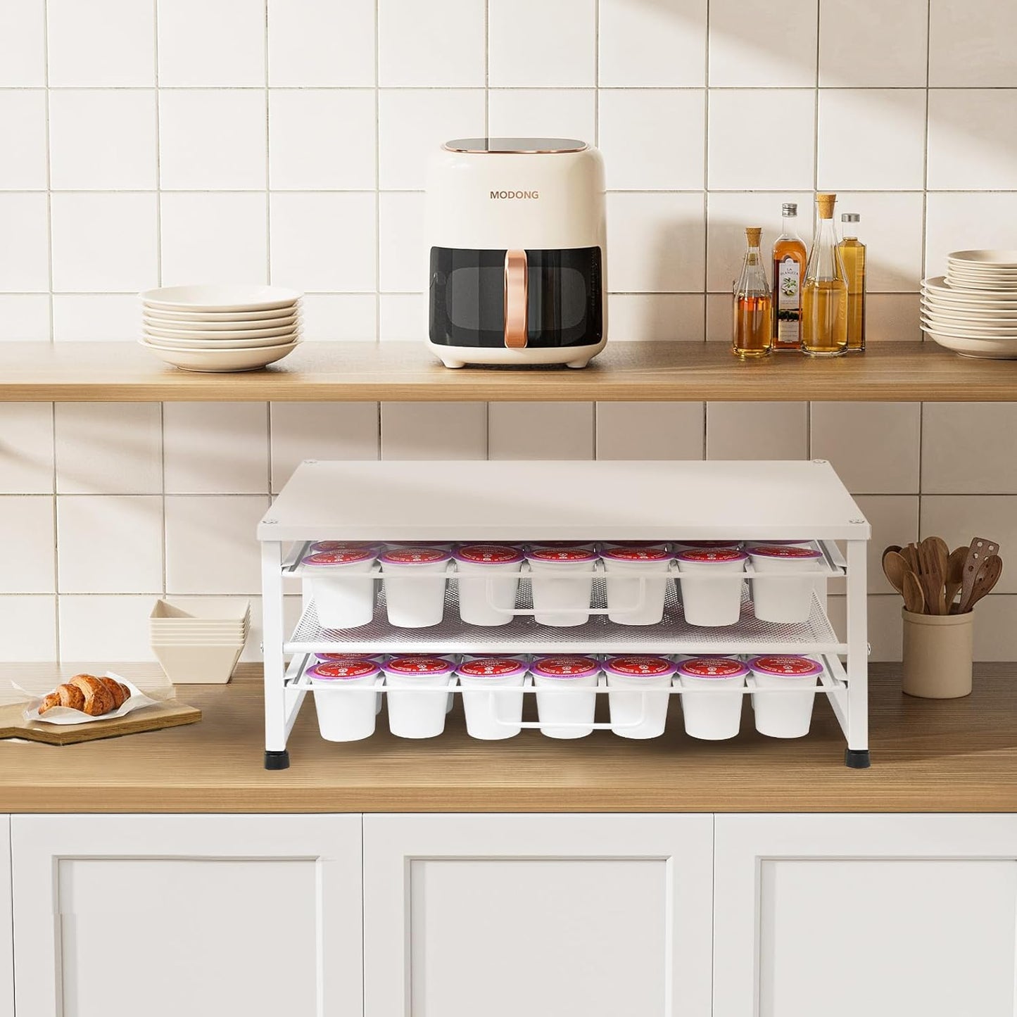 K Cup Holder Organizer for 70 Pods, 2-Tier Coffee Pod Holder for K-Cup with 2 Sliding Storage Drawers, Coffee Station Bar Organizer Accessories for Kitchen Countertop Home Office, White