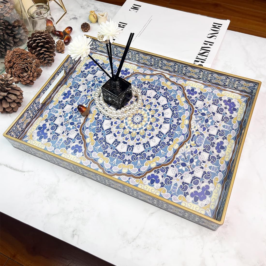 Boho Decorative Tray, Modern Blue Serving Tray with Handles, Ottoman Trays Set of 2, Plastic Coffee Table Tray for Living Room, Bathroom, Kitchen, Decor, Large 15.7”*11.8”, Small 13.7"*9.8"