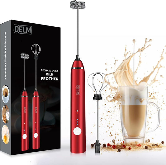 Delm Milk Frother Electric USB Stainless Steel Accessory - Frother Wand Foam Maker for Lattes - Milk Frother Handheld for Cappuccino, Frappe, Matcha, Hot Chocolate - Frother for Coffee (red)