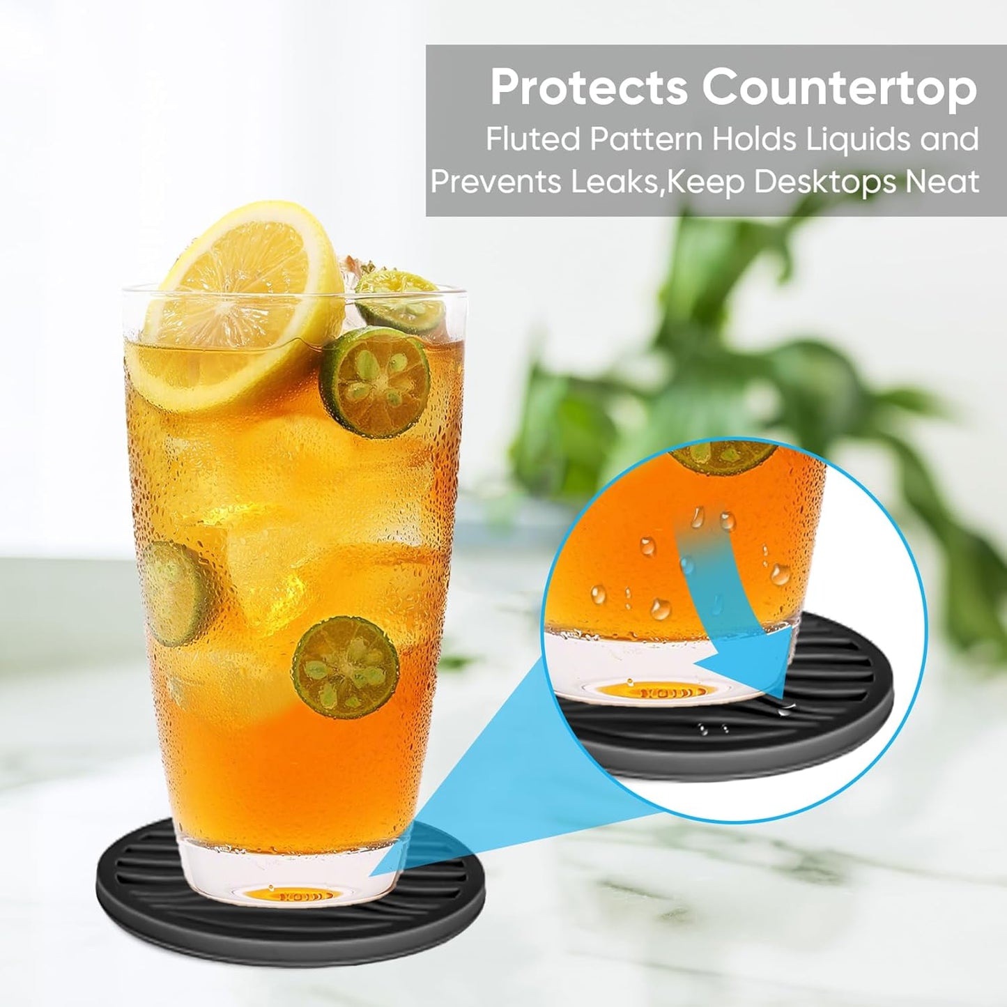 6 Pack Rubber Drink Coasters,Coasters for Drink with Holder,Silicone Cup Mat Non-Stick,Non-Slip,Thickened Live for Hot or Cold Drink-Pure Black