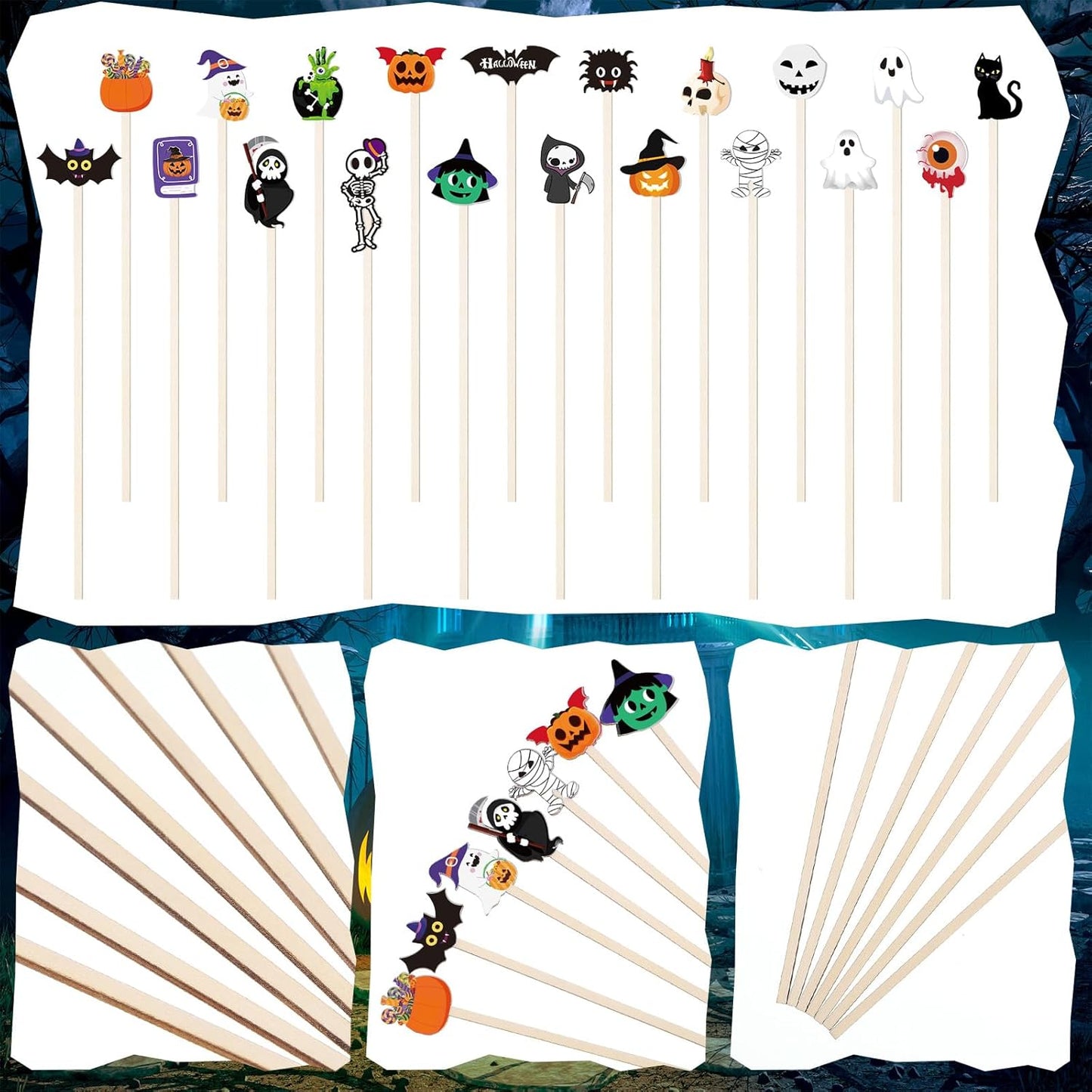 Mifoci 100 Pcs Halloween Wooded Coffee Stirrers Wood Cocktail Coffee Stir Sticks Disposable Swizzle Sticks for Thanksgiving Halloween Party Supplies, 20 Styles