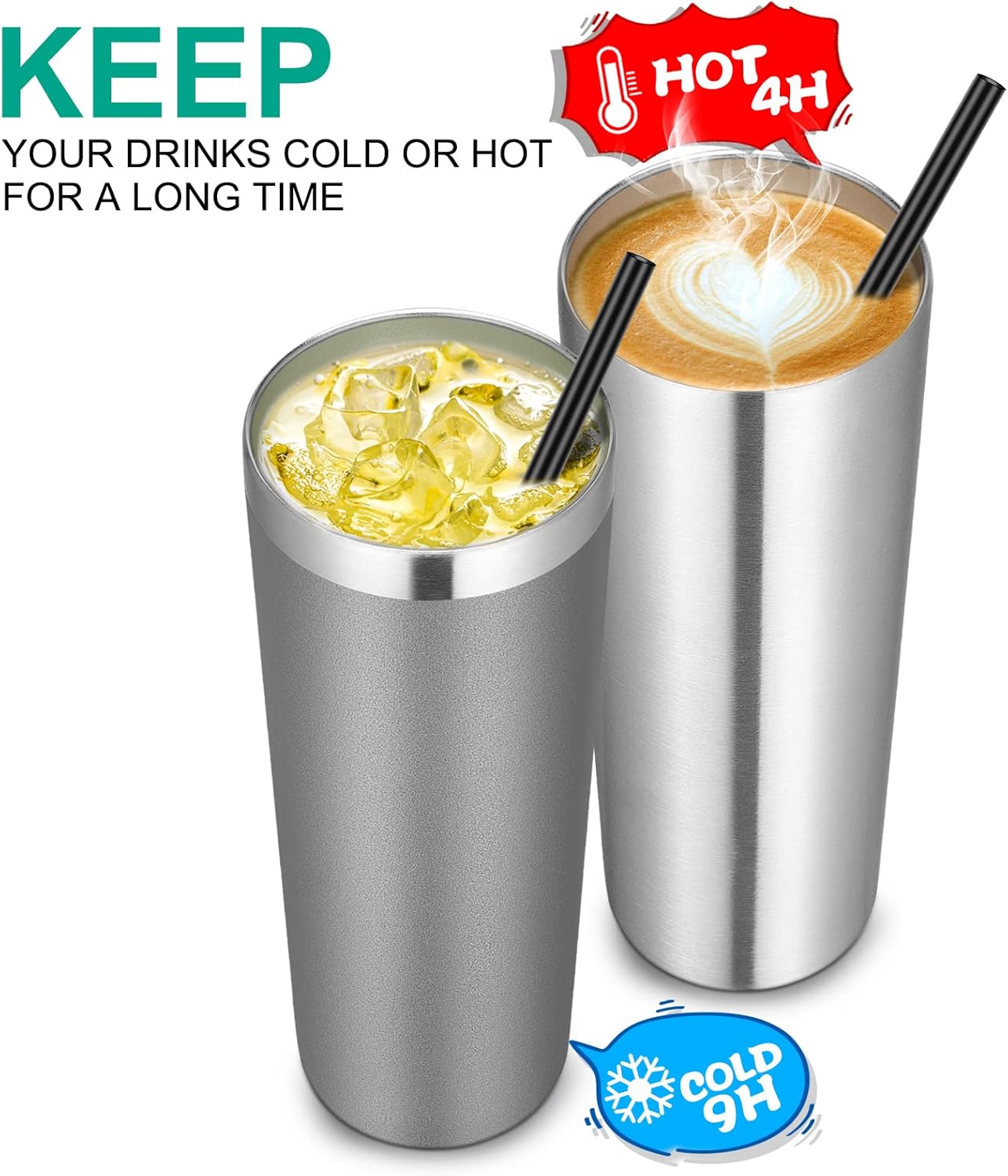 VEGOND Stainless Steel Skinny Tumbler, 20 oz Vacuum Insulated Tumbler with Lid and Straw, Double Wall Coffee Cup, Travel Mug for Cold Hot Drinks, Stainless Steel 1 Pack