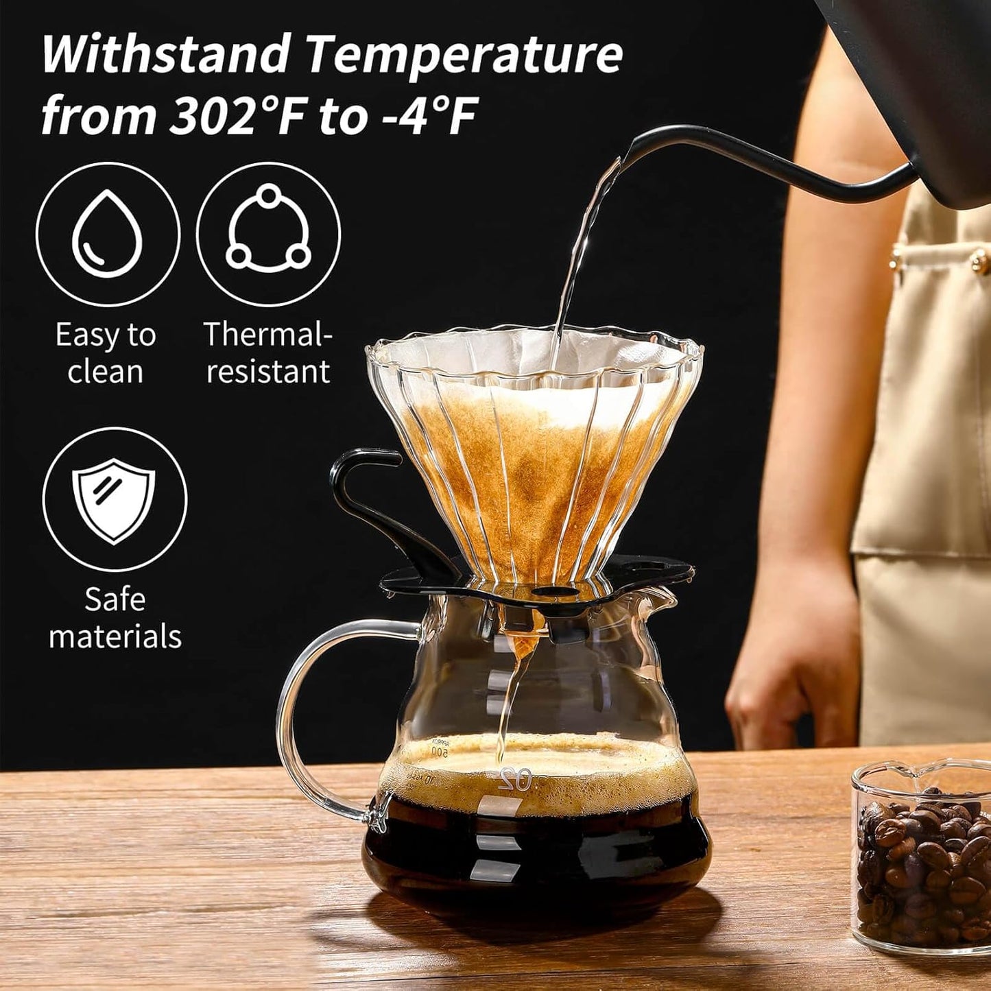 Unbreakable - Pour Over Coffee Maker 720ML/24OZ, Heat Resistant Borosilicate Glass Dripper with Filter Holder, BPA-Free Manual Coffee Brewer for Home and Office Use