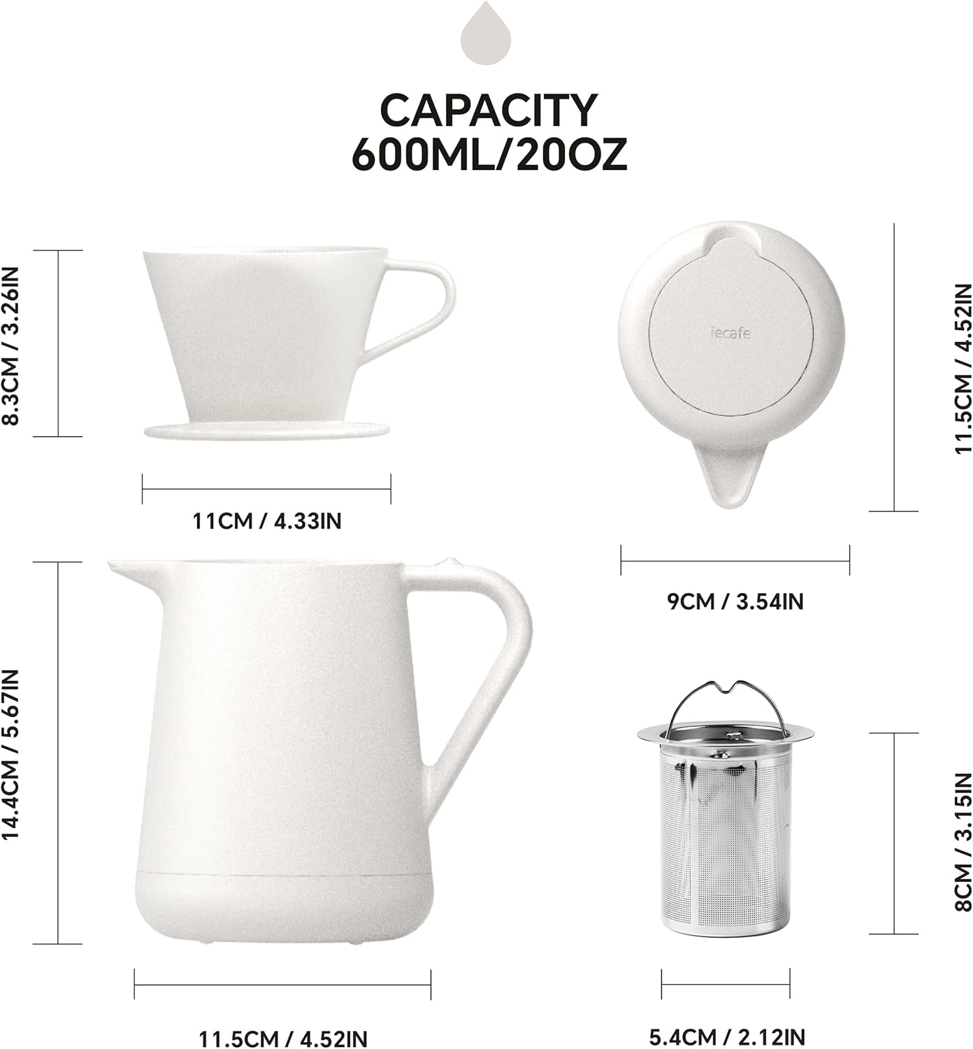 Ideus Insulated Pour Over Coffee Maker 20oz, Stainless Steel Coffee Pot Pour Over Set Camping Coffee Carafe BPA-Free with Dripper for Home, Office & Camping (White)