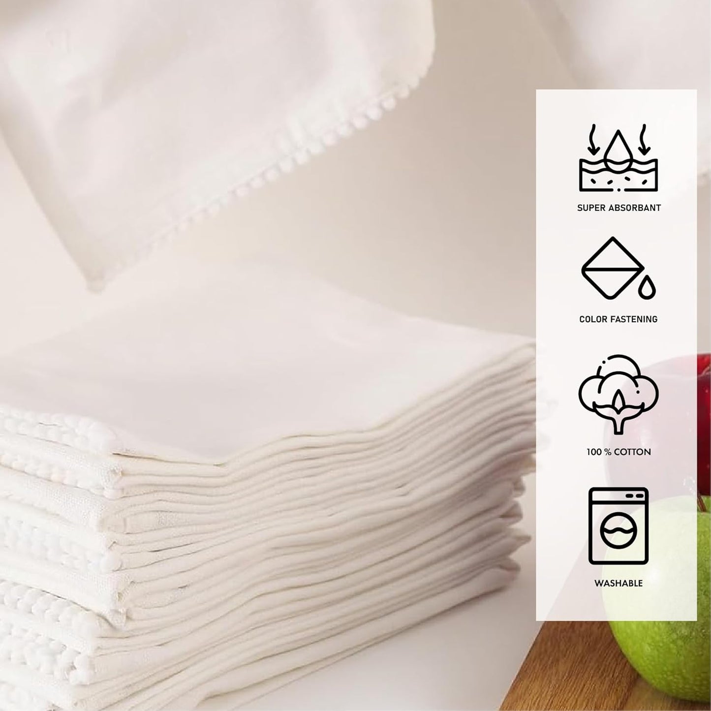 TARAN LIVING Kitchen Towels 100% Cotton Solid Kitchen Dish Cloths Decor Hand Towel Reusuable Dish Towel for Cleaning & Drying Tea Towels Set with Hanging Loop - 18"x 28" - White, Pack of 12