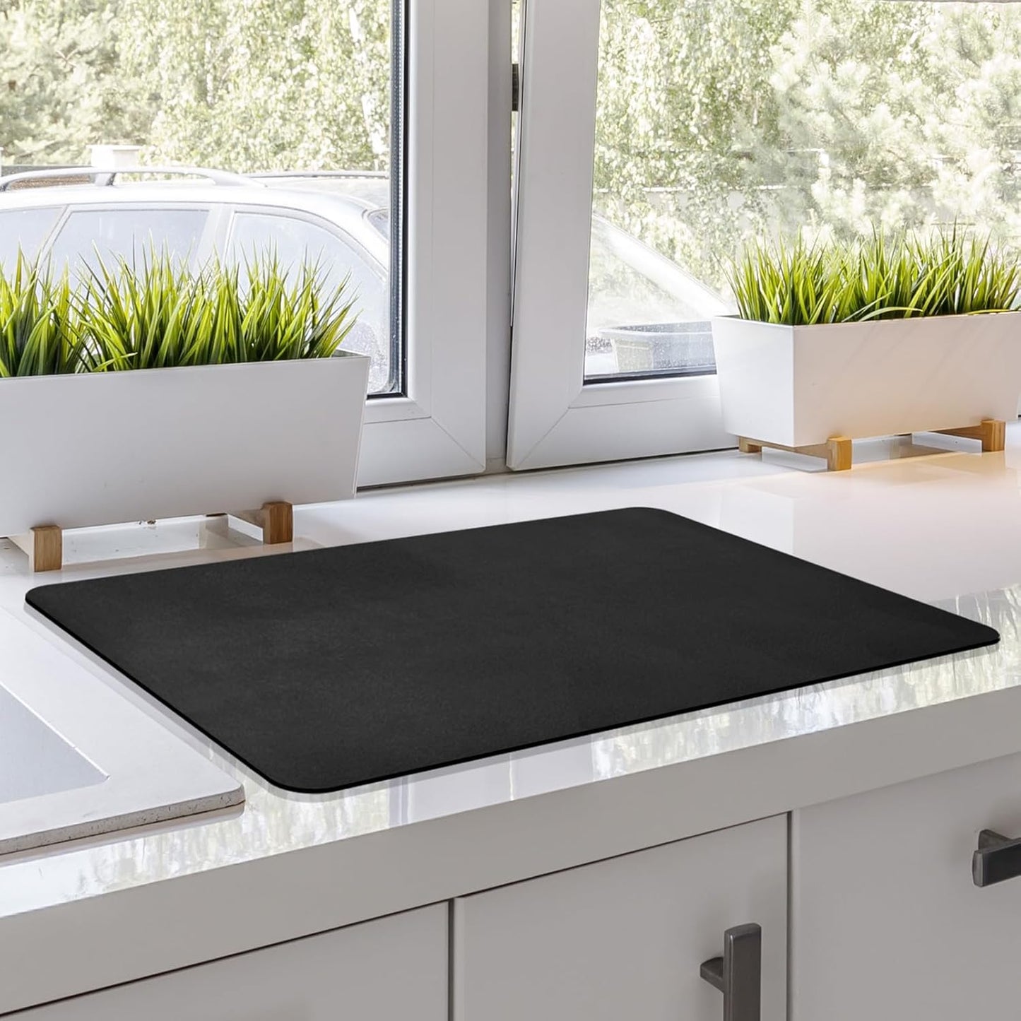 Matace Designer Coffee Bar Mat, Large 16 x 24 Inches, Rubber Backing, Absorbent Coffee Maker Mats for Dish Drying, Kitchen Countertop, Heat Resistant, Solid Black