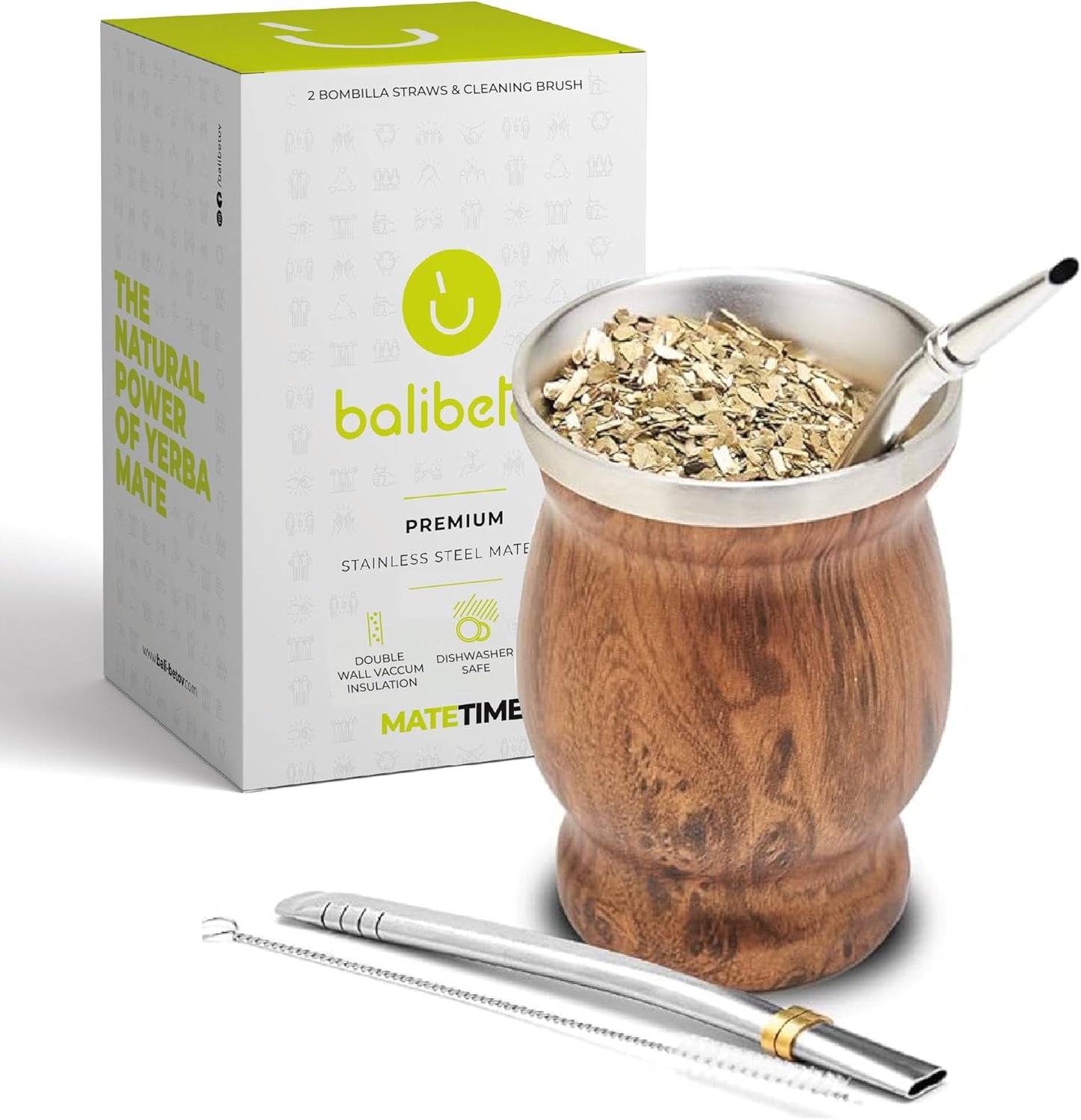BALIBETOV Stainless Steel Double-Wall Mate Cup And Bombilla Set - Yerba Mate set Includes One Yerba Mate Cup, 2 Bombillas Mate (Straw) & Brush - Easy to Clean (Wood)