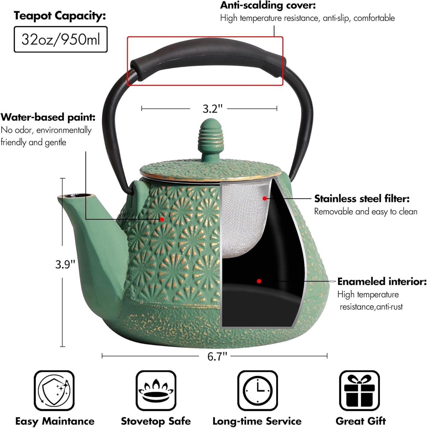Cast Iron Teapot, 32oz Tea Kettle with Infuser for Stove Top, Sakura Blossom Pattern Japanese Tea Pot for Tea & Coffee Coated with Enameled Interior, Silicone Handle 950ml Green