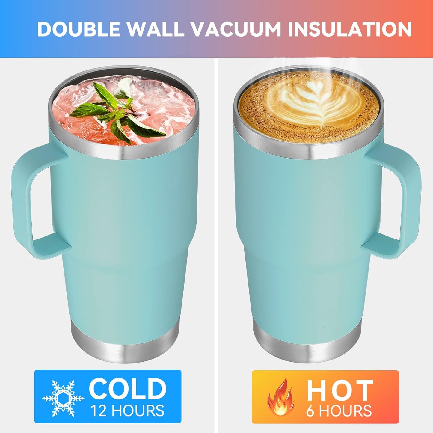 VEGOND 20 oz Tumbler Bulk with Handle Lid and Straw, Stainless Steel Insulated Travel Coffee Mug Set, Spill Proof Double Wall Metal Tumblers Cups, Mint Green 6 Pack