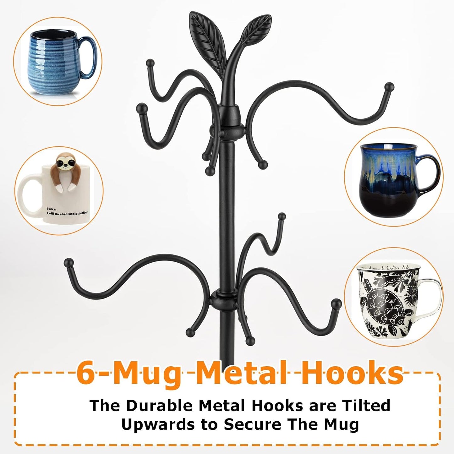 Coffee Mug Holder for Large Mugs, Mug Tree for Counter, Cup Holder for Countertop, Mug Rack with Tray, Metal Mug Tree with 6 Hooks, Coffee Counter Bar Accessory & Kitchen Home Organizer