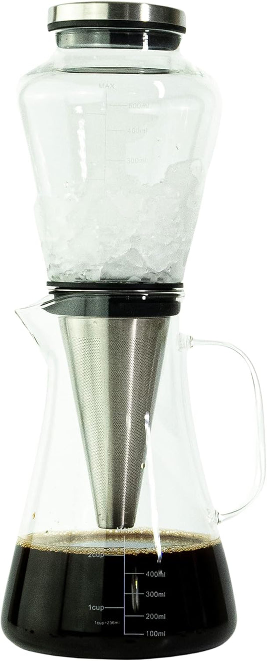 Ice Dripper Cold Brew Coffee Maker - Fire Toughened Borosilicate Glass Pitcher - 304 Stainless Steel Filter - 500ml - Cafe Crush Club