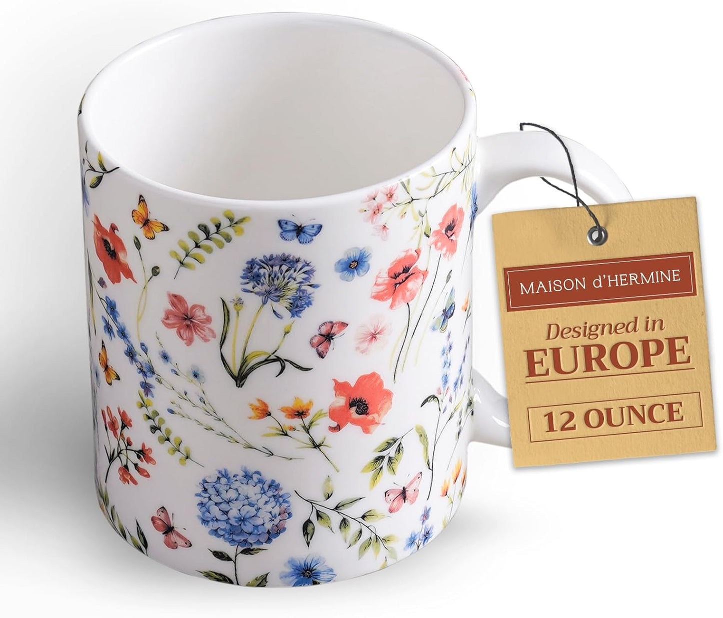 Maison d' Hermine Coffee Mug with Handles Fine Bone China Mugs Pack of One Tea Cups for Hot Beverages Cappuccino Latte Home Restaurant Office Perfect for Gift (Just Floral - Blues 'N Redz, 12 Ounce)