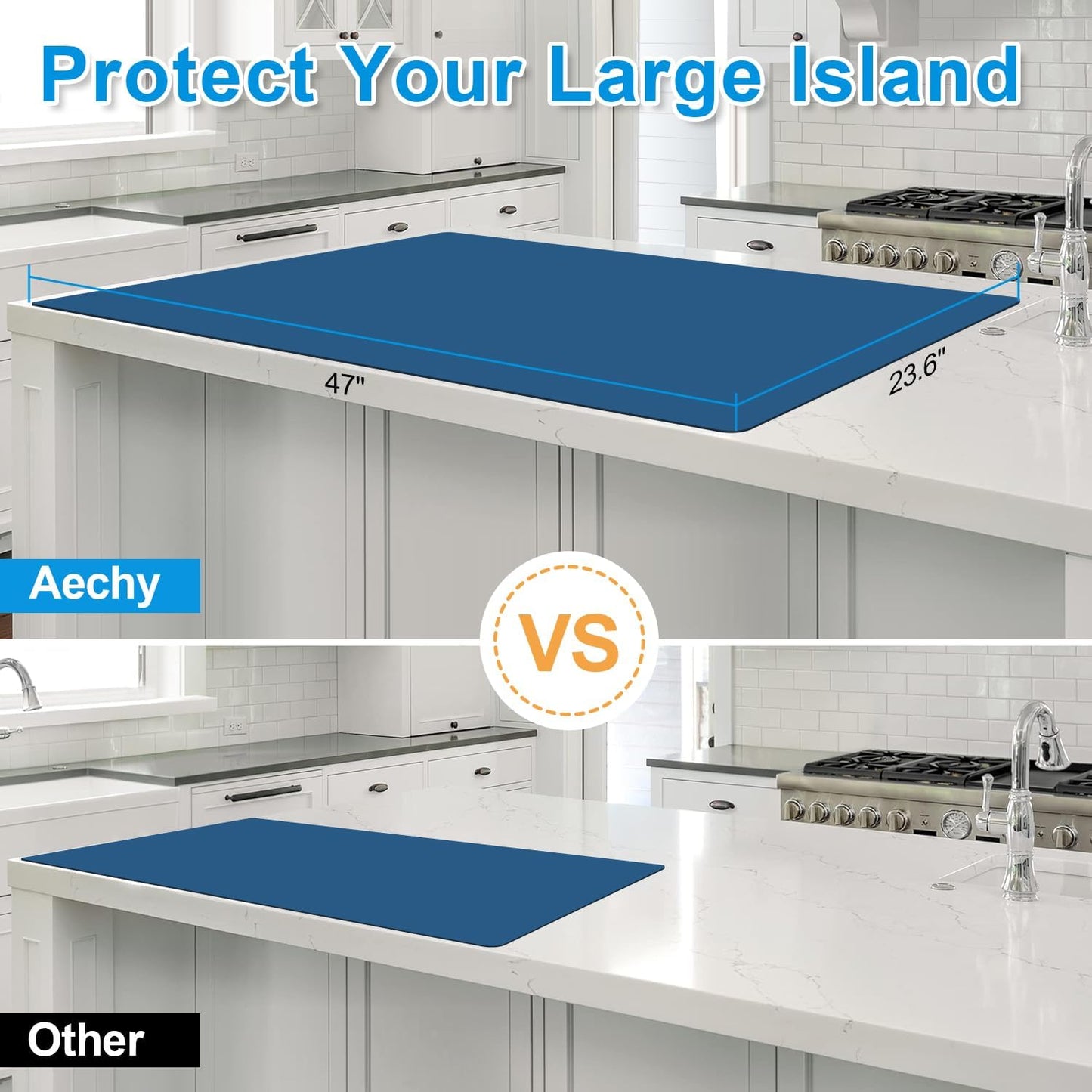 AECHY Silicone Mats for Kitchen Counter 47"x23.6"x0.08”, Largest Heat Resistant Mat Shipped Rolled Up Kitchen Island Silicone Countertop Protector Mat Nonslip Extra Large Counter Mat, Blue
