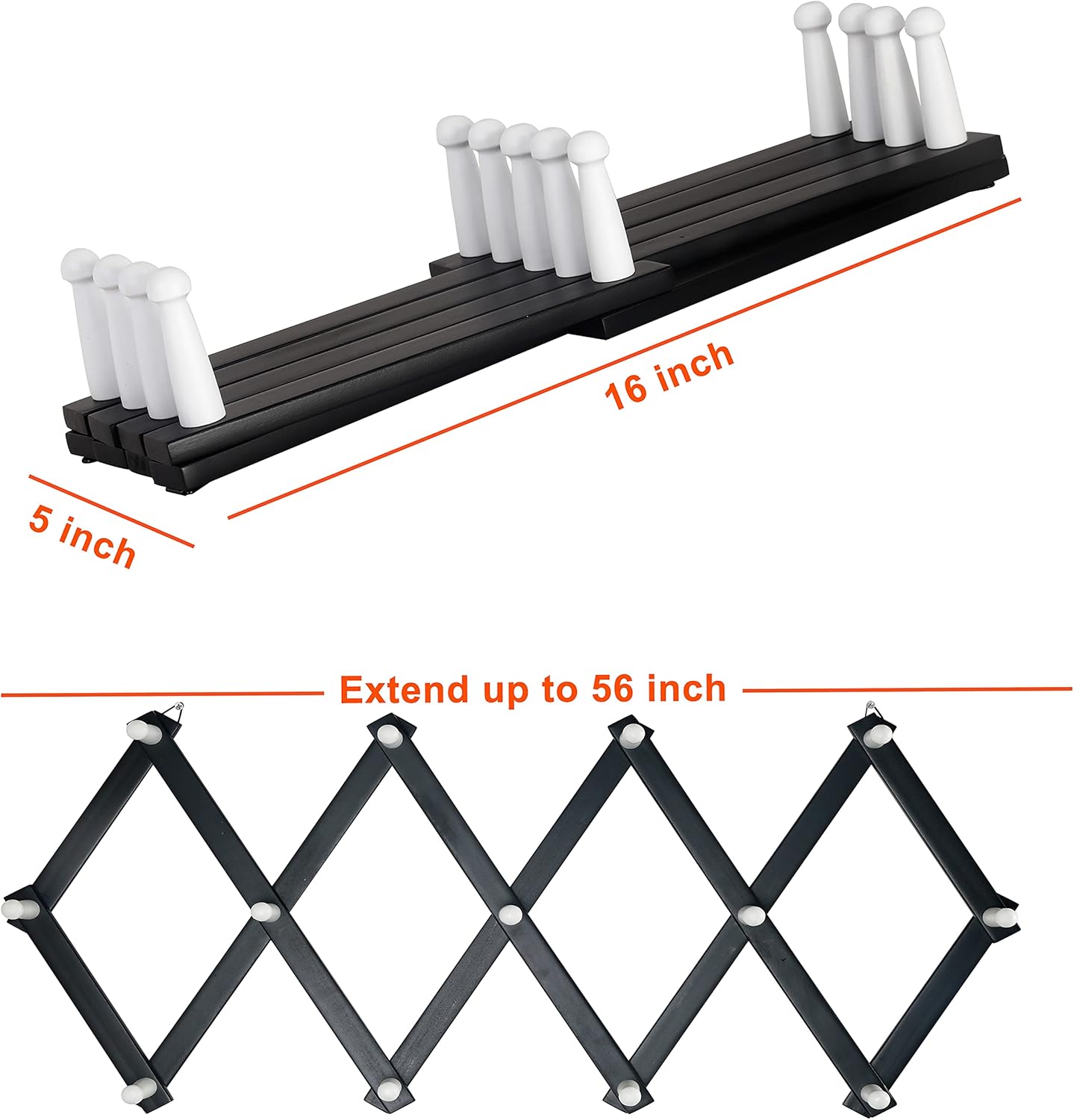 Dseap Accordian Wall Hanger: 16” High Wooden Wall Expandable Coat Rack, Hat Rack Holder, Accordion Hook for Baseball Caps, Coats, Mugs, 13 Peg Hooks, Black & White