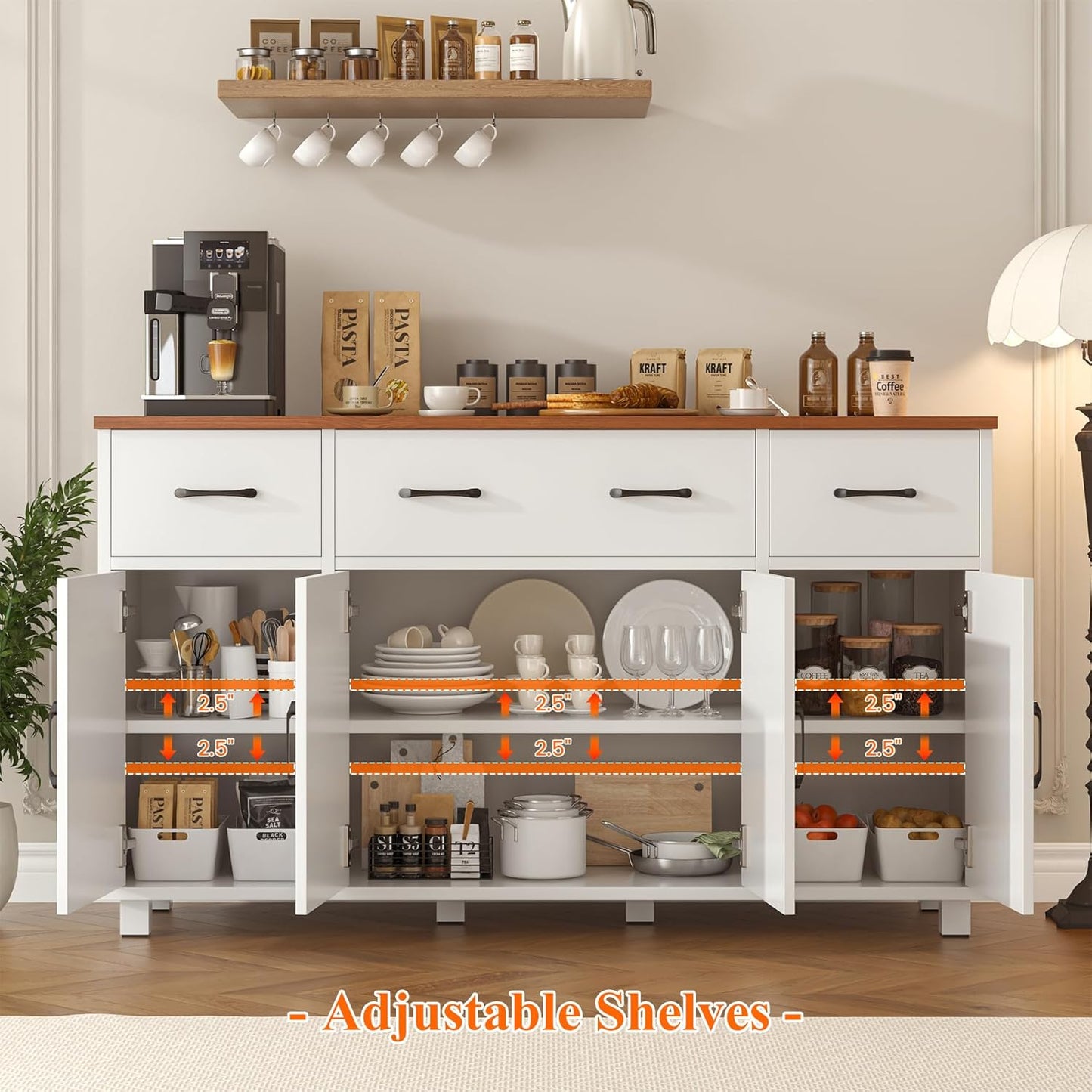 55" Sideboard Buffet Cabinet with Storage, Coffee Bar Cabinet with 3 Drawers and 4 Barn Doors, Long Storage Cabinet Modern Farmhouse, White Wood, for Kitchen, Dining Room, Living Room