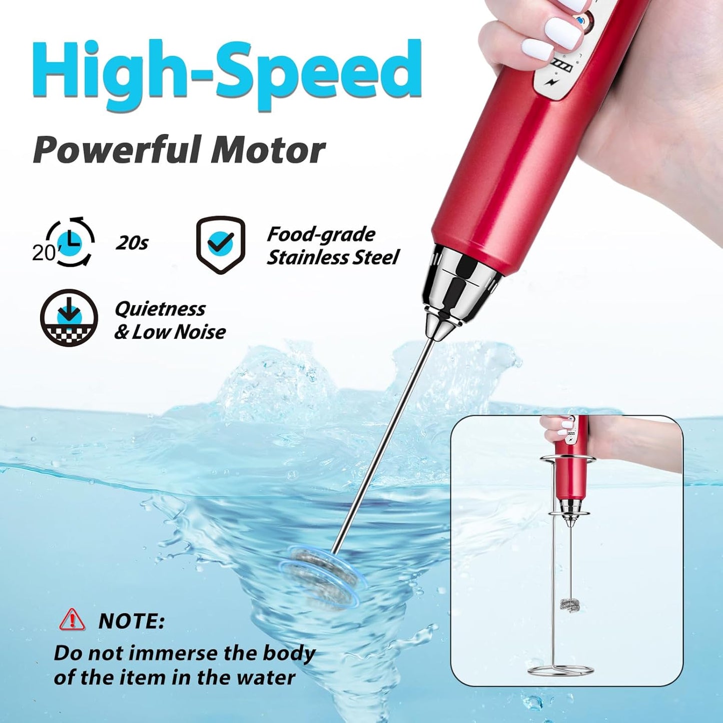 Milk Frother with Stand Rechargeable-Handheld Frother Wand with 3 Stainless Whisks 3 Speed Adjustable, Electric Whisk Drink Mixer, Foam Maker Blender for Matcha Latte Cappuccino Chocolate