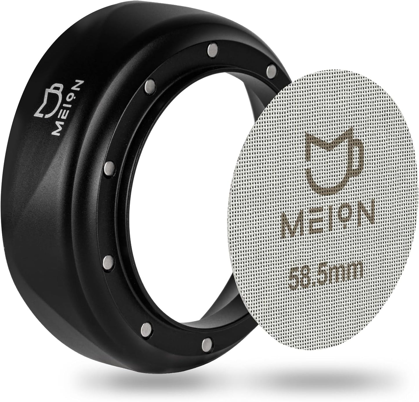 MEION 58mm Espresso Dosing Funnel and 58.5mm Puck Screen Set for 58mm Portafilters, Magnetic Coffee Portafilter Funnel, Reusable Espresso Puck Screen, Espresso Tools Espresso Accessories (58mm, Black)