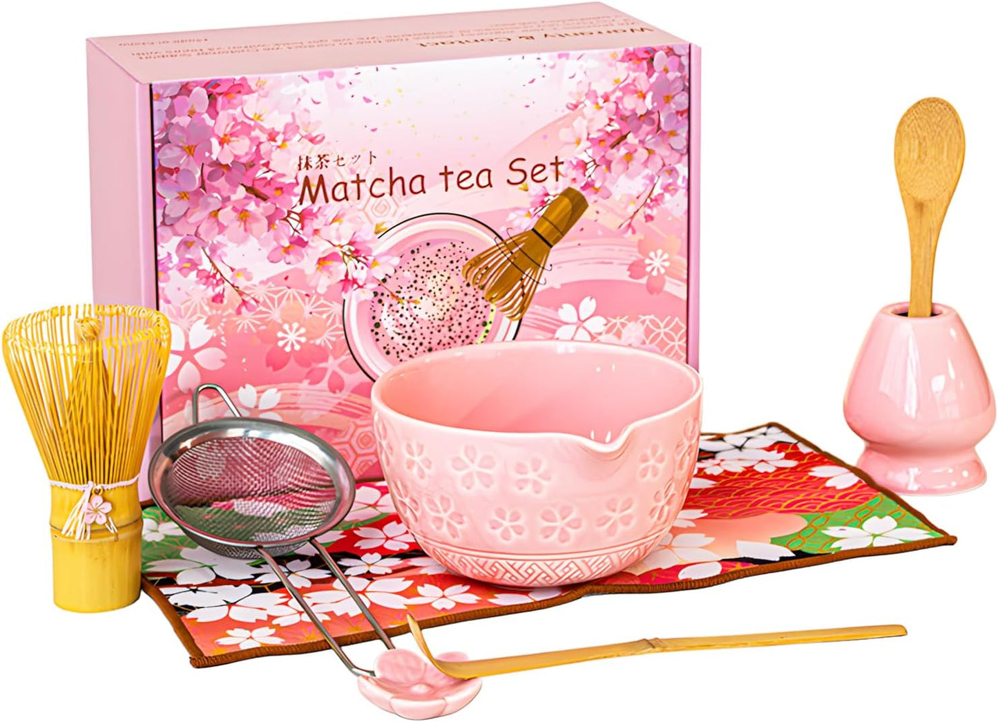 8 Pcs Matcha Whisk Set: Pink Matcha Tea Set Includes Ceramic Bowl, Whisk and Holder, Bamboo Scoop, Scoop Rest, Sifter and Tea Towel - Matcha Making Kit for Matcha Lovers