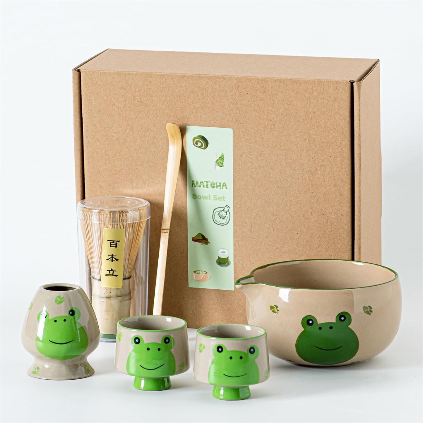Frog Matcha Whisk Set, Cute Ceramic Matcha Kit with Hand-Painted Bowl with Spout, 2 Cups, Bamboo Whisk, Holder & Scoop, for Tea lovers and Gift Giving