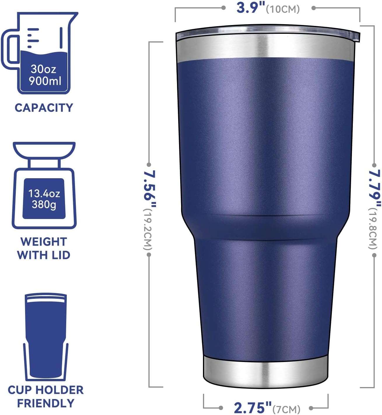 DOMICARE 30oz Tumbler Bulk with Lid and Straw, Double Wall Travel Coffee Mug, Insulated Vacuum Stainless Steel Tumblers, Powder Coated Tumbler Cup (Navy, 8)