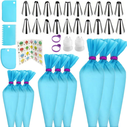 Reusable Piping Bags and Tips Set - Silicone Pastry Bags 3X (12’’+14’’+16’’) with Icing & Frosting Tips for Cake Decorating, Cupcakes, Cookies, Deviled Eggs, and Baking Accessories, Baking Tools Kit