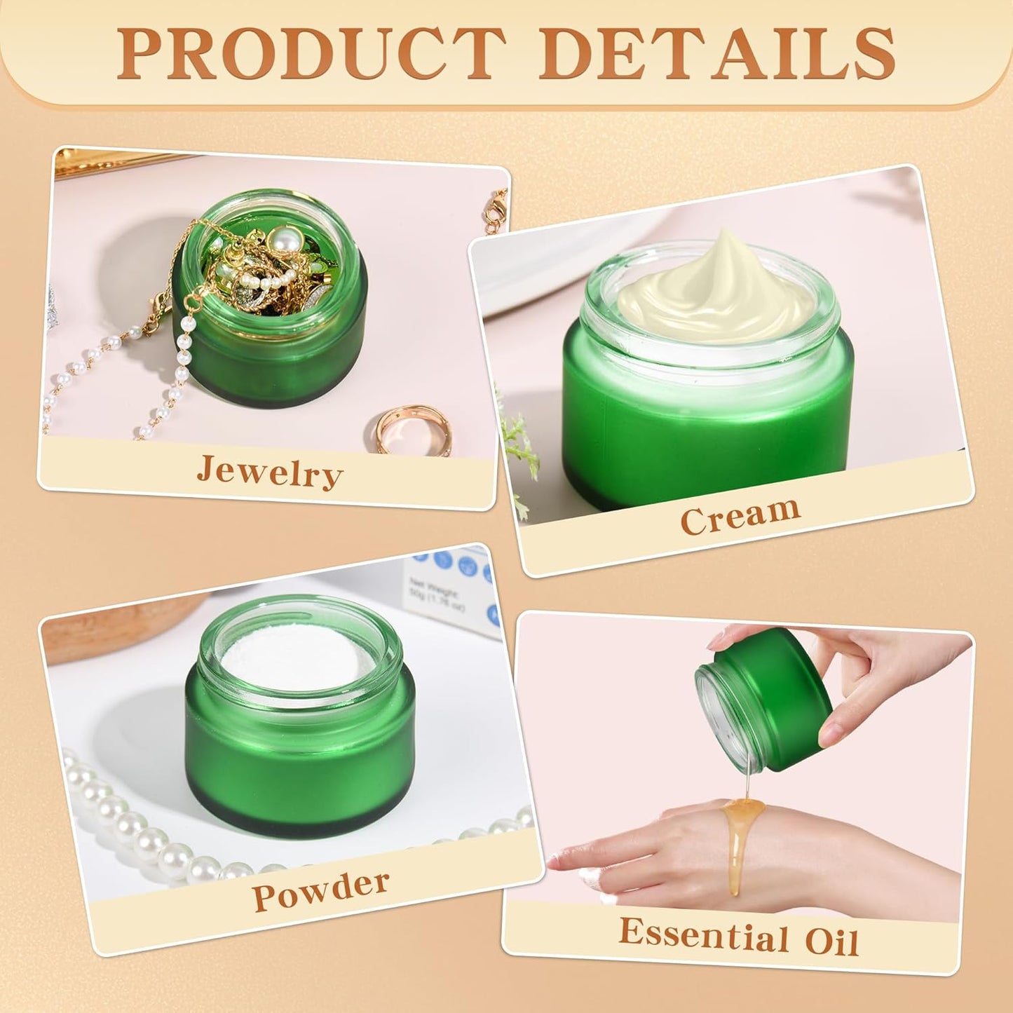 Glass Jars with Lids,Eco-Friendly Cosmetic Containers with Airtight Black Lids & Liners, Multi-Color Options for Cream, Lotion, Body Butter, DIY Skincare Travel Jars (Green Frosted, 1oz)