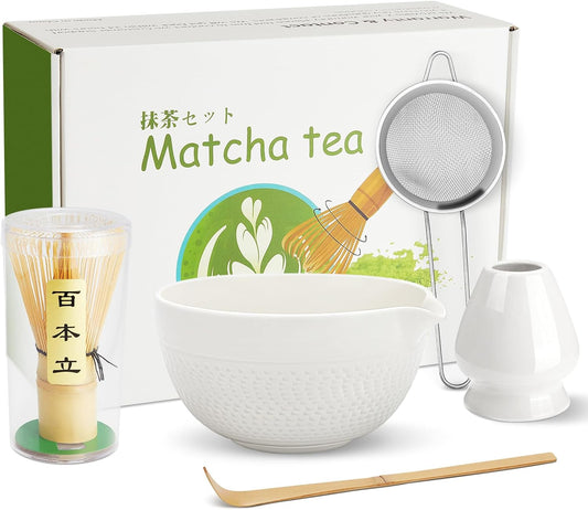 Matcha Whisk Set, Ceramic Matcha Set, Matcha Bowl with Spout, Matcha Whisk & Holder, Sifter and Bamboo Scoop, 5 Pcs Matcha Kit, Matcha Tea Ceremony Gifts for Matcha Lovers & Starter (White)