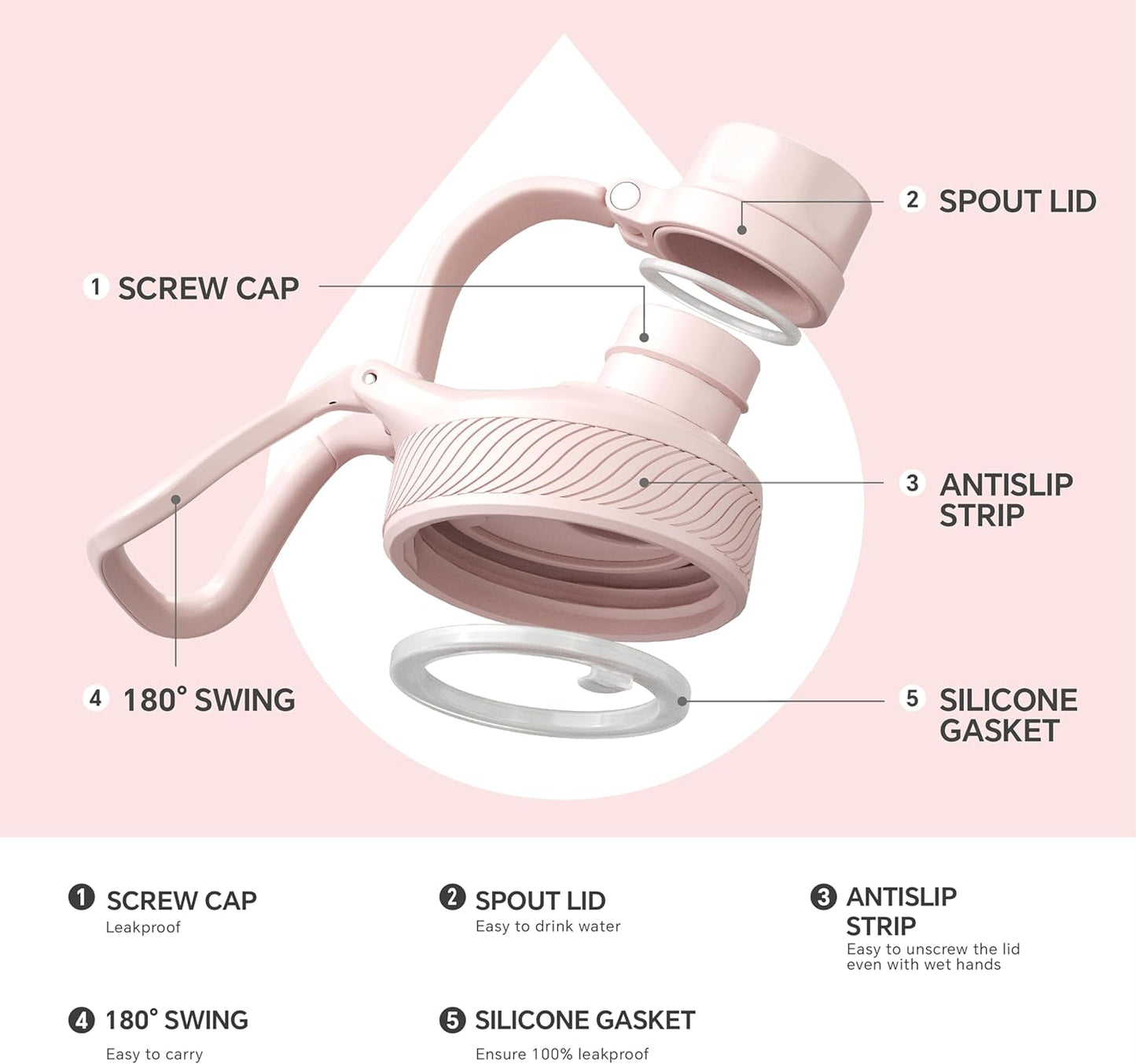 IDEUS Insulated Stainless Steel Water Bottle with 2 Leak-Proof Lids, Thermal Water Flask for Hiking Biking, 40oz, Light Pink